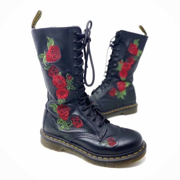 Dr. Martens Shoes - Dr. Martens Vonda Floral Leather Boots Red Rose